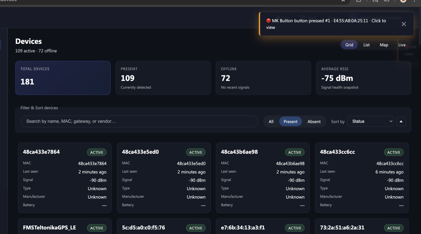 Sense Engine operator dashboard showing device fleet